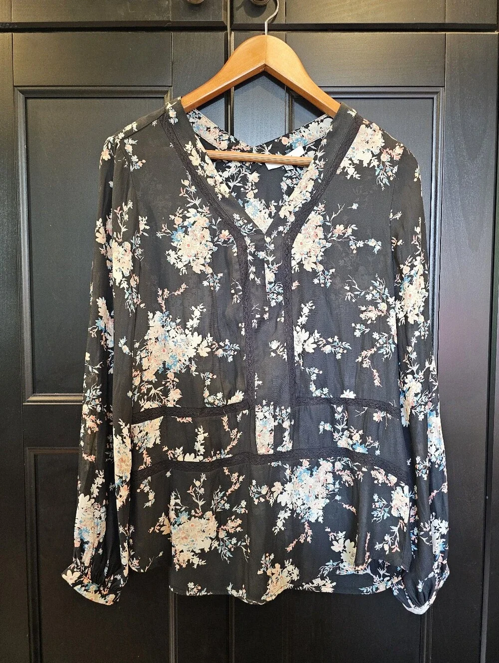 Set Of Two Flowy Floral Women's Tops- Black And Blue Green- Medium